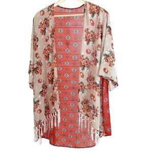 Tua Boho Kimono Top Orange Brown Small Fringe Wide Sleeves Open Sheer Floral